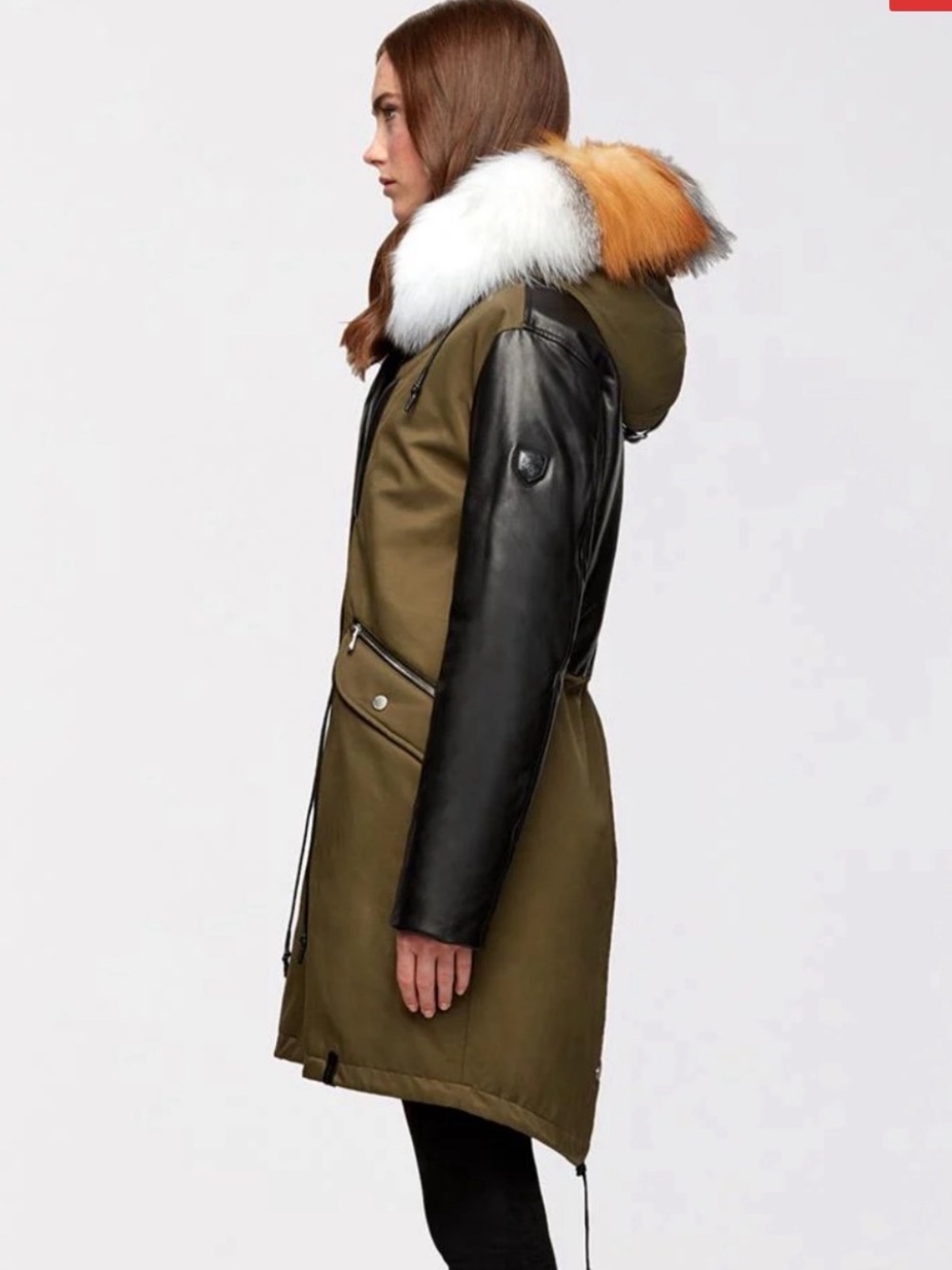 RUDSAK Olive Parka with Black Leather Sleeves and White Fur Hood